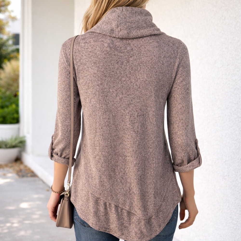 Jesse & Jax Taupe Cowl Neck Asymmetrical Hem Knit Top Size Small - Picture 2 of 13